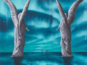 Painting with two winged figures facing a teal-blue night sky and reflective water with small figures in the distance.