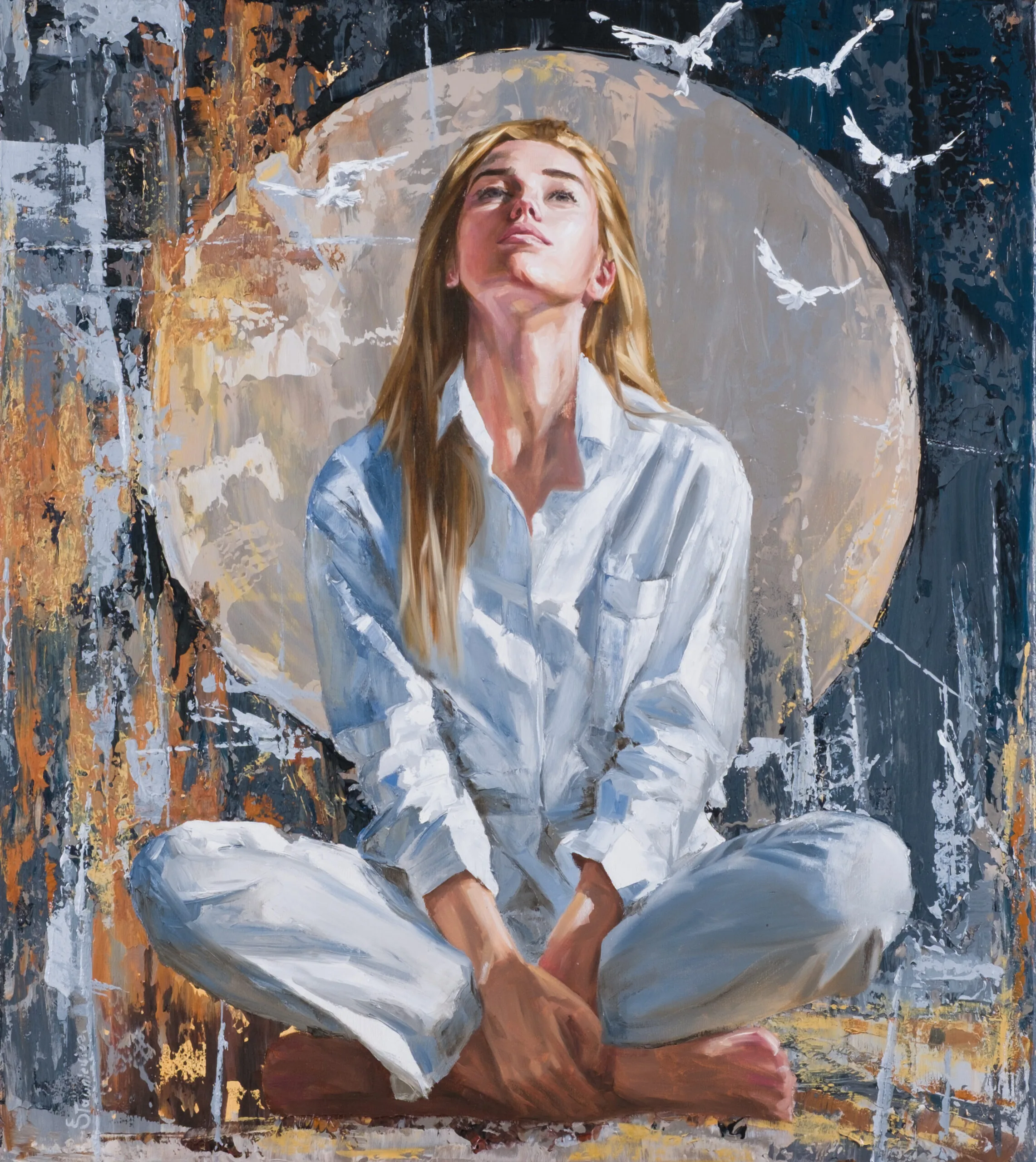 Painting with a seated female figure in white