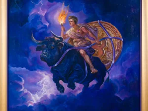 Painting with a rider on a dark bull in blue and violet clouds