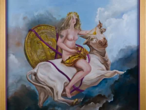 Painting with a nude woman riding a white bull amid blue clouds
