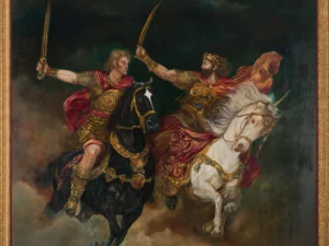 Painting with two mounted sword-bearing figures in gold