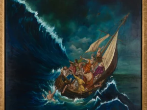 Painting with a crowded sailboat in stormy waves in deep blue