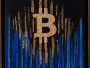 Painting with a gold Bitcoin symbol on black