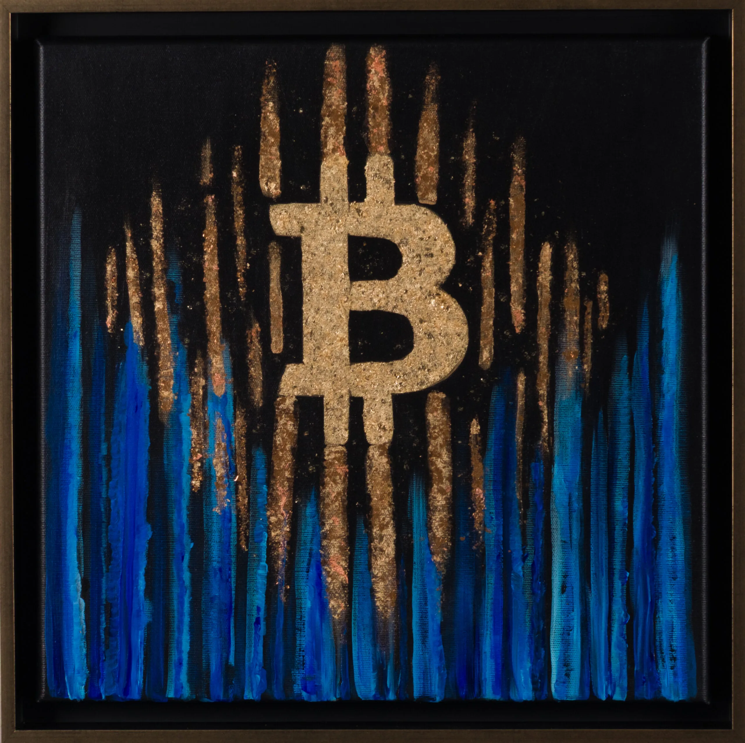 Painting with a gold Bitcoin symbol on black