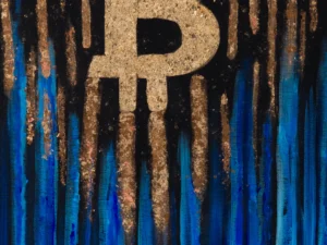 with blue vertical drips and bronze metallic strokes.