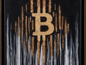Painting with a gold Bitcoin symbol on black