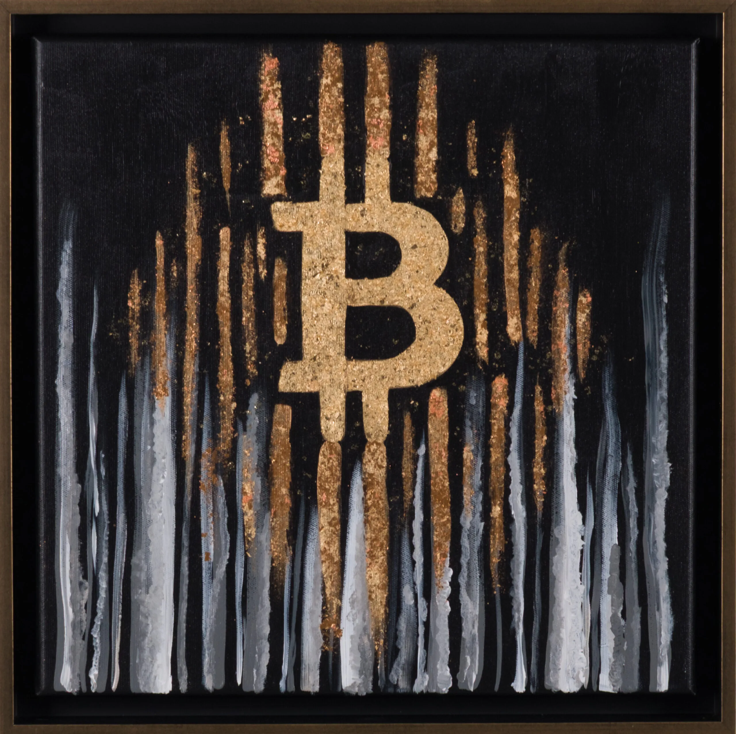 Painting with a gold Bitcoin symbol on black