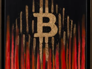 Painting with a central gold Bitcoin symbol on black