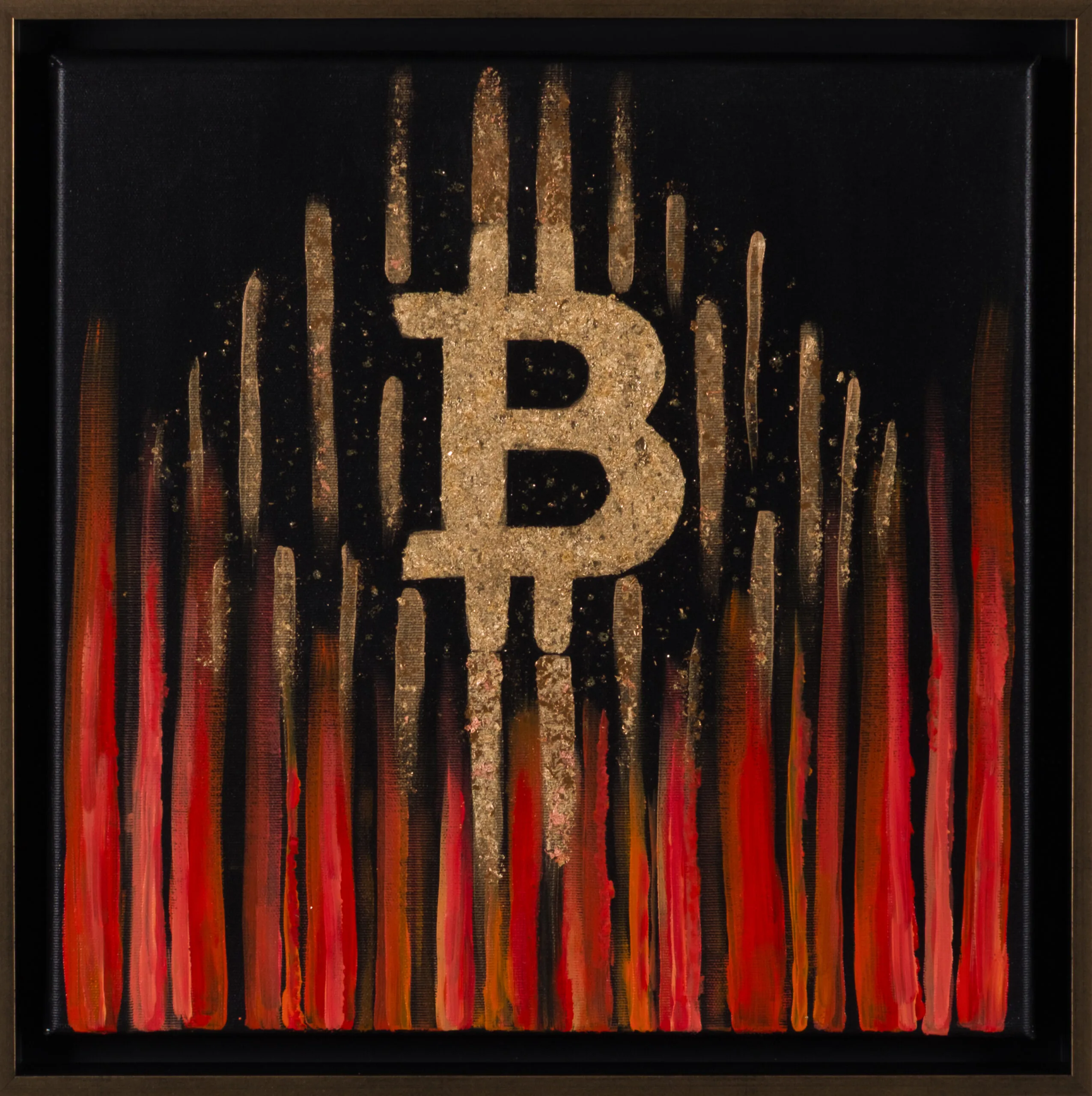 Painting with a central gold Bitcoin symbol on black