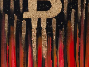 with red and orange vertical strokes below.