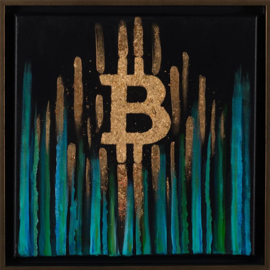 Artwork with a central gold Bitcoin symbol