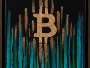 Artwork with a central gold Bitcoin symbol