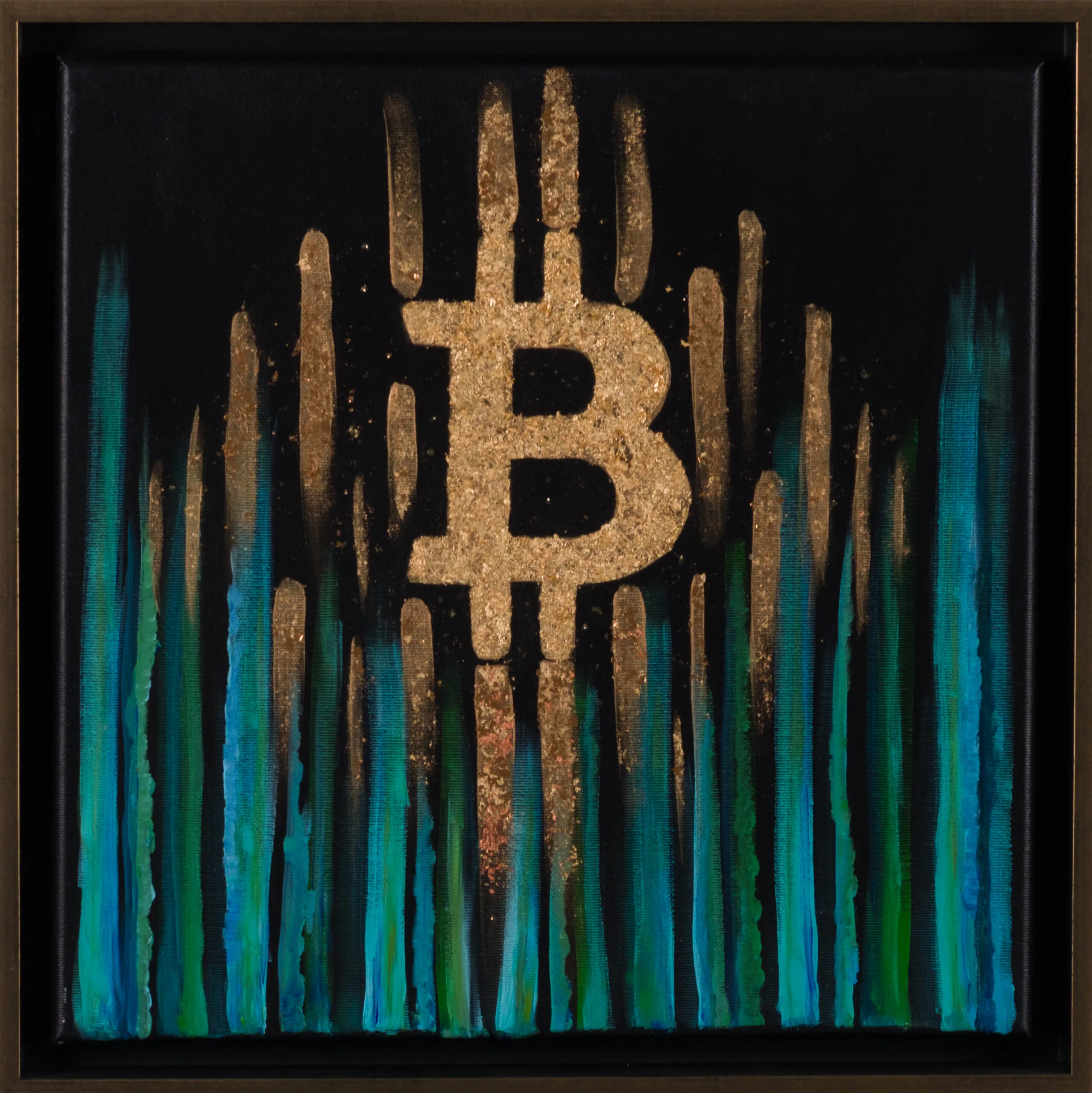 Artwork with a central gold Bitcoin symbol