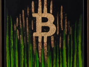 Painting with a large gold Bitcoin symbol centered on a black background with green vertical strokes and metallic marks.
