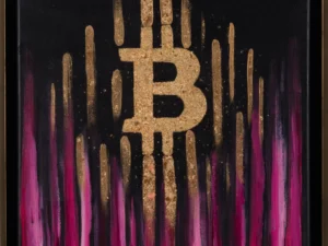 Painting with a gold Bitcoin symbol and vertical bars on a black and pink background.