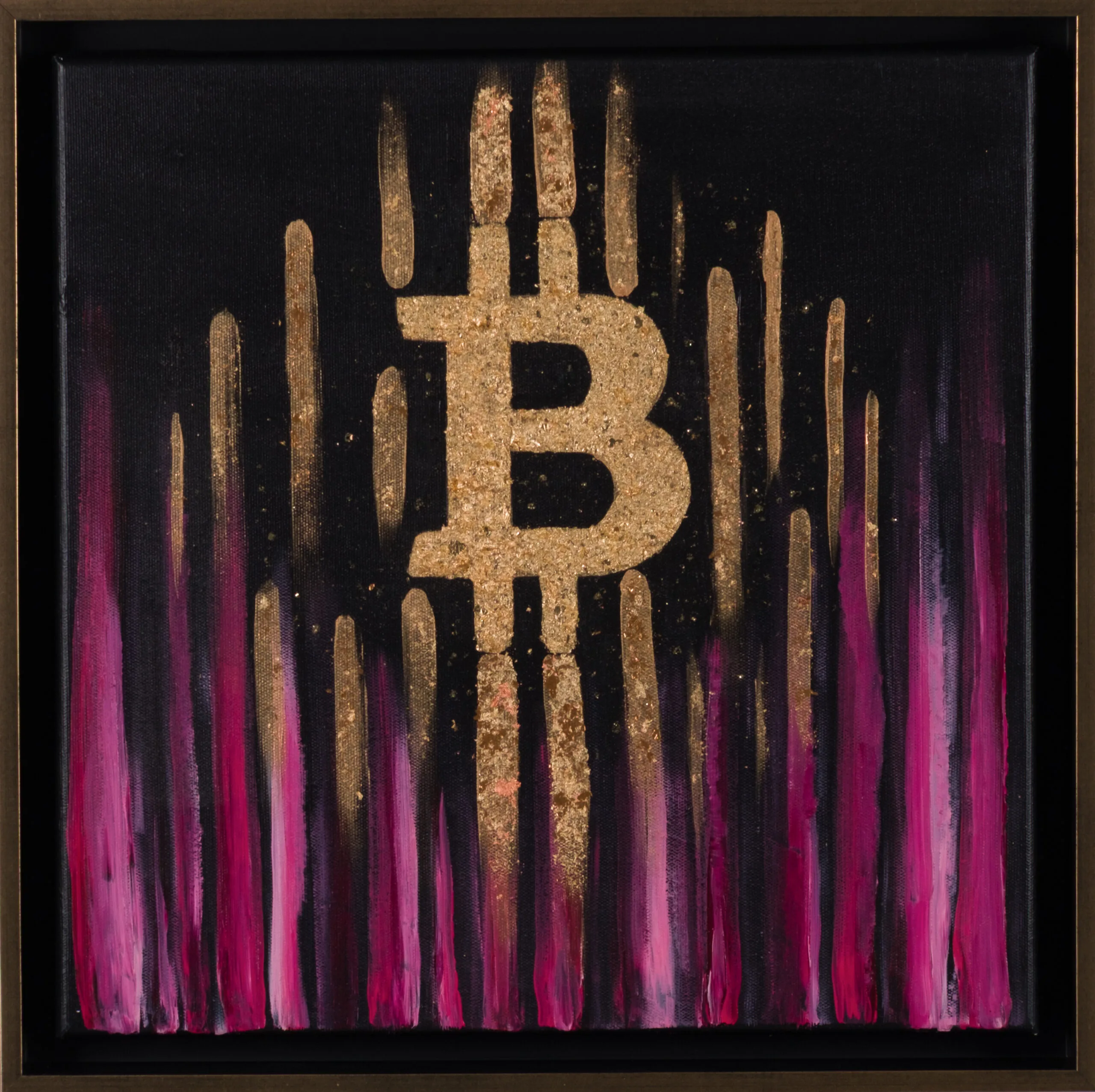 Painting with a gold Bitcoin symbol and vertical bars on a black and pink background.