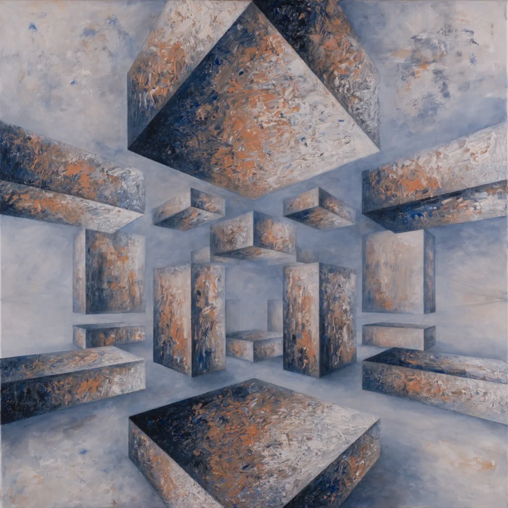 Painting with floating rectangular blocks in gray-blue