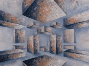 Painting with floating rectangular blocks in gray-blue