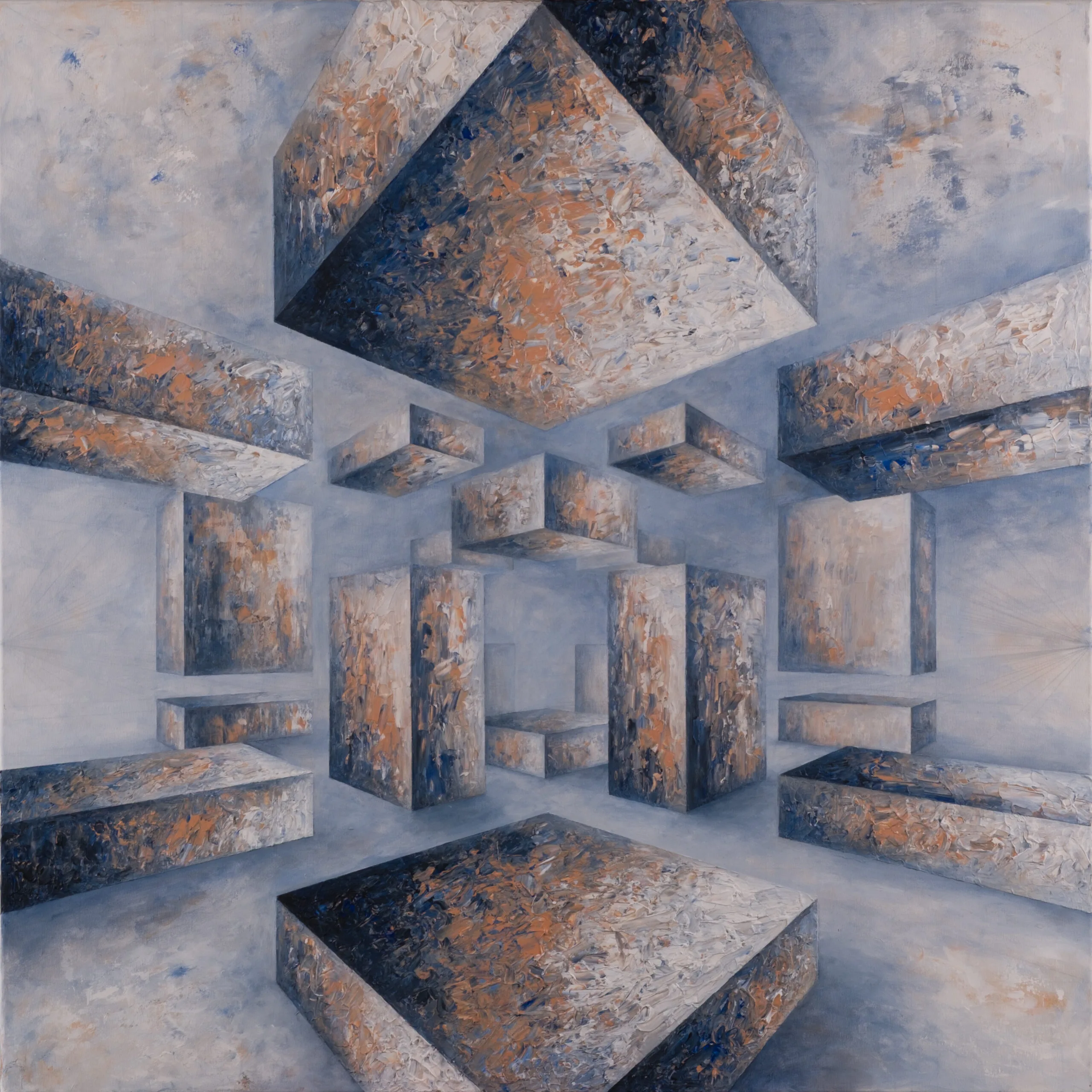 Painting with floating rectangular blocks in gray-blue