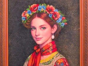 Painting with a framed portrait of a young woman in floral clothing