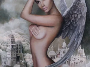 Painting with a winged female figure among clouds and pale architecture in gray