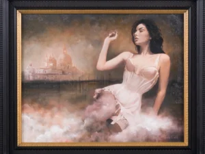Painting with a seated woman and hazy Venetian waterfront in muted browns
