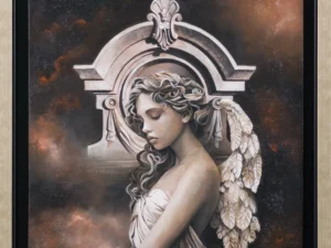 Painting with a winged female figure before an arch in dark brown