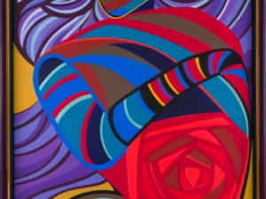 Painting with a stylized figure in red