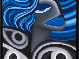 Painting with a stylized face and flowing blue