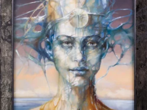 Painting with a frontal portrait and branching abstract forms in blue