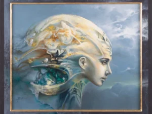 Painting with a side-profile figure and shell-like head forms in blue-gray