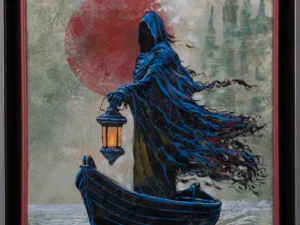 Painting with a hooded figure in a boat holding a lantern