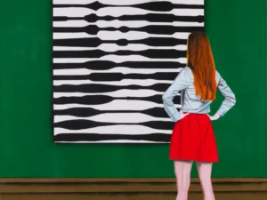 Painting with a red-haired figure viewing a black-and-white striped artwork in green
