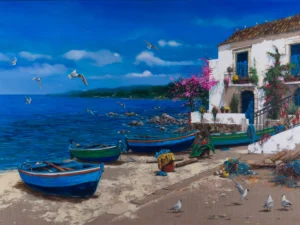 Painting with harbor boats