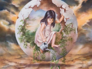 Painting with a girl watering a sprout inside a cracked shell in blue