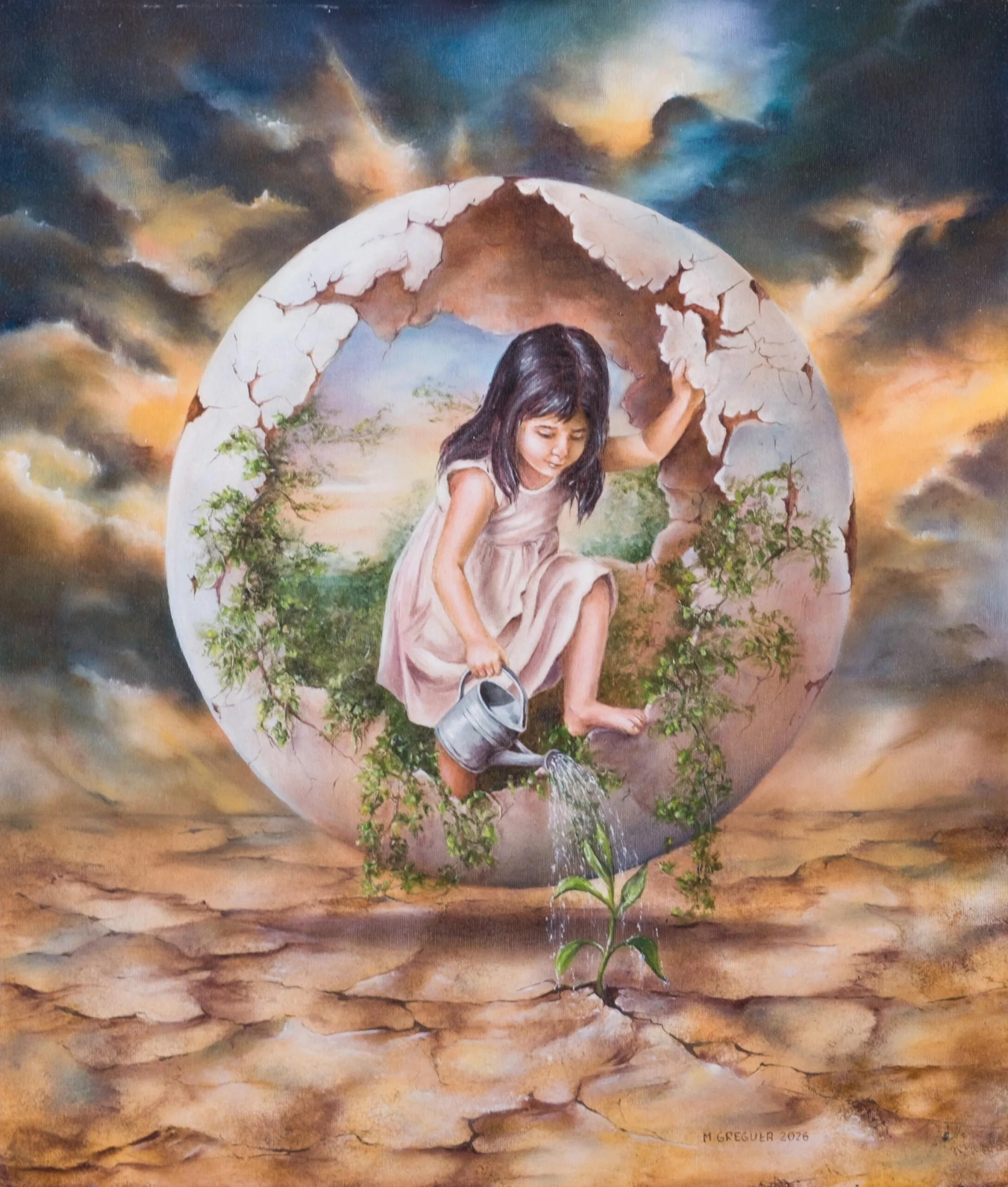 Painting with a girl watering a sprout inside a cracked shell in blue