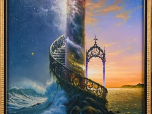 Painting with a spiral stair and arch over waves beneath starry and sunset skies in blue