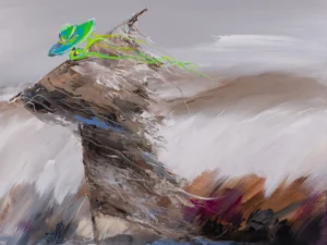 Painting with an abstract leaning figure in gray