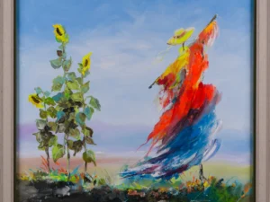 Painting with sunflowers and a red