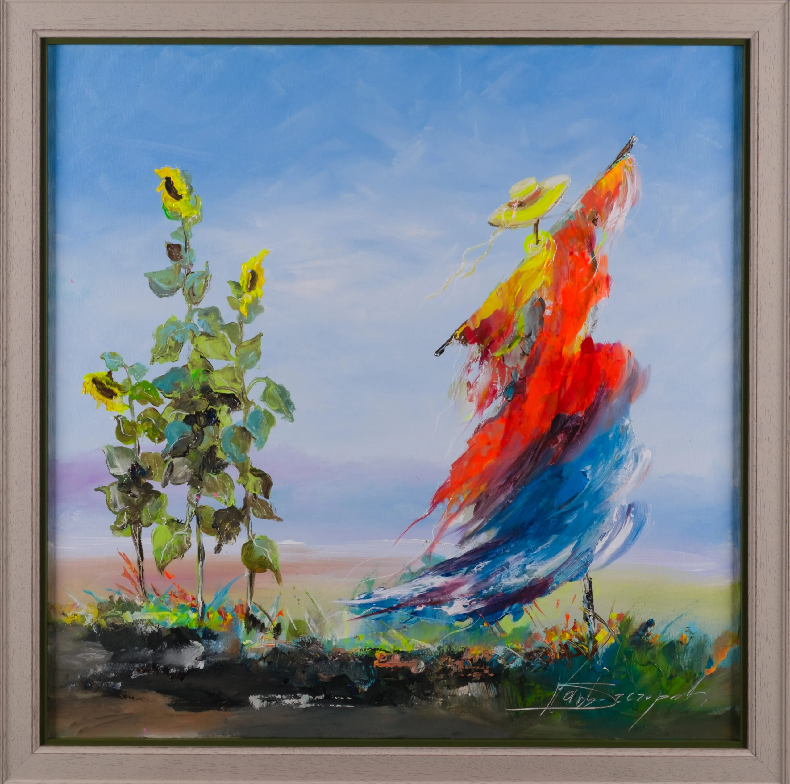 Painting with sunflowers and a red