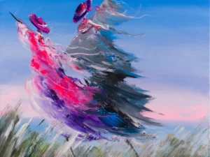 Painting with two gestural figure-like forms in blue