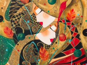 Painting with two stylized faces amid curved decorative forms in gold