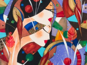 Painting with two stylized female profiles
