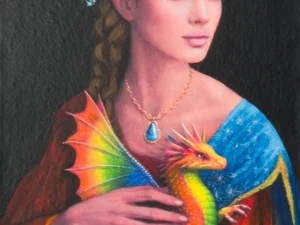 Painting with a portrait of a jeweled woman holding a crowned green frog in red