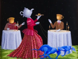 Painting with vessel-headed figures at tables and a blue dog in red