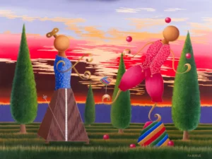 Digital image with two stylized figures among conical trees and striped balls in red