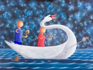 Painting with a white swan boat