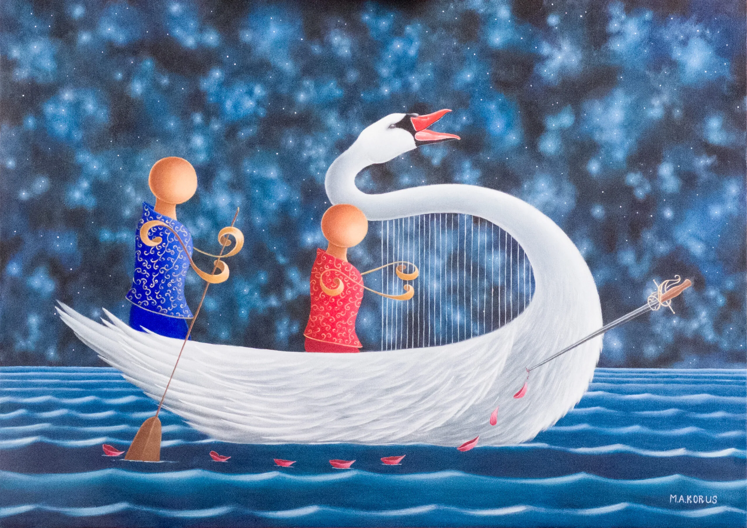 Painting with a white swan boat