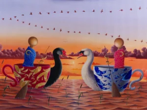 Painting with two swans