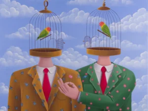 Painting with two suited figures whose heads are open birdcages